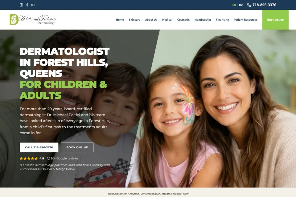 Adult & Pediatric Dermatology ওয়েবসাইটের হোম পেজের ছবি