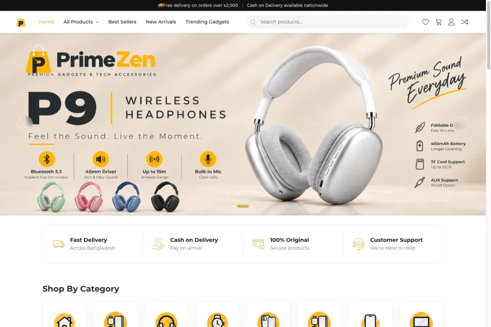 PrimeZen ওয়েবসাইটের হোম পেজের ছবি