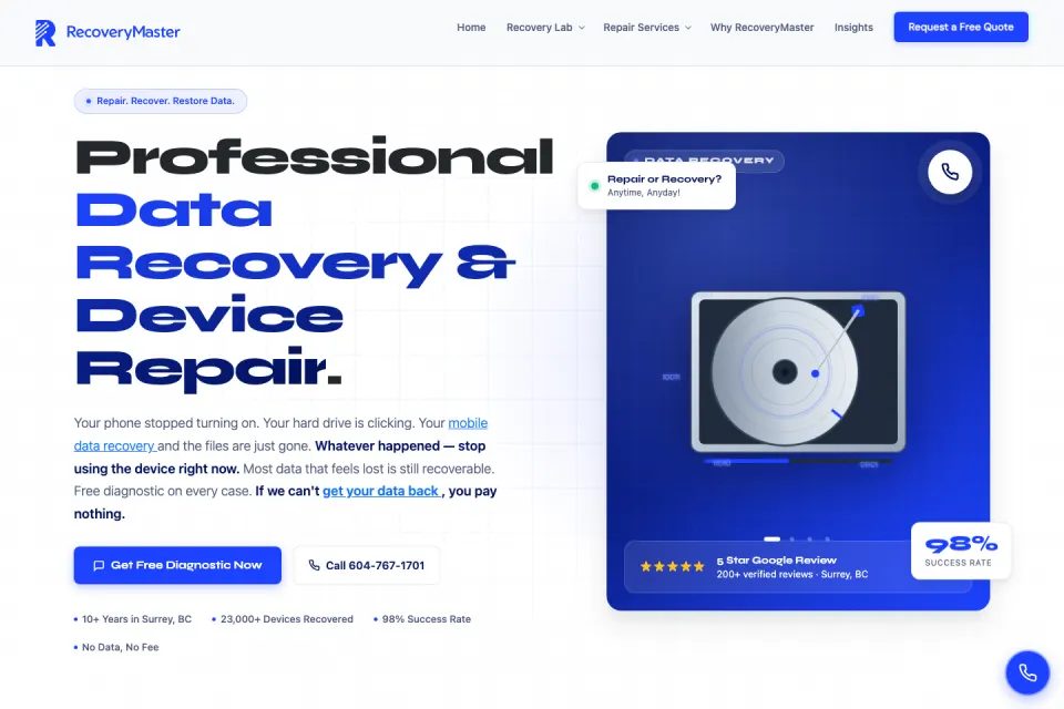 Recovery Master ওয়েবসাইটের হোম পেজের ছবি