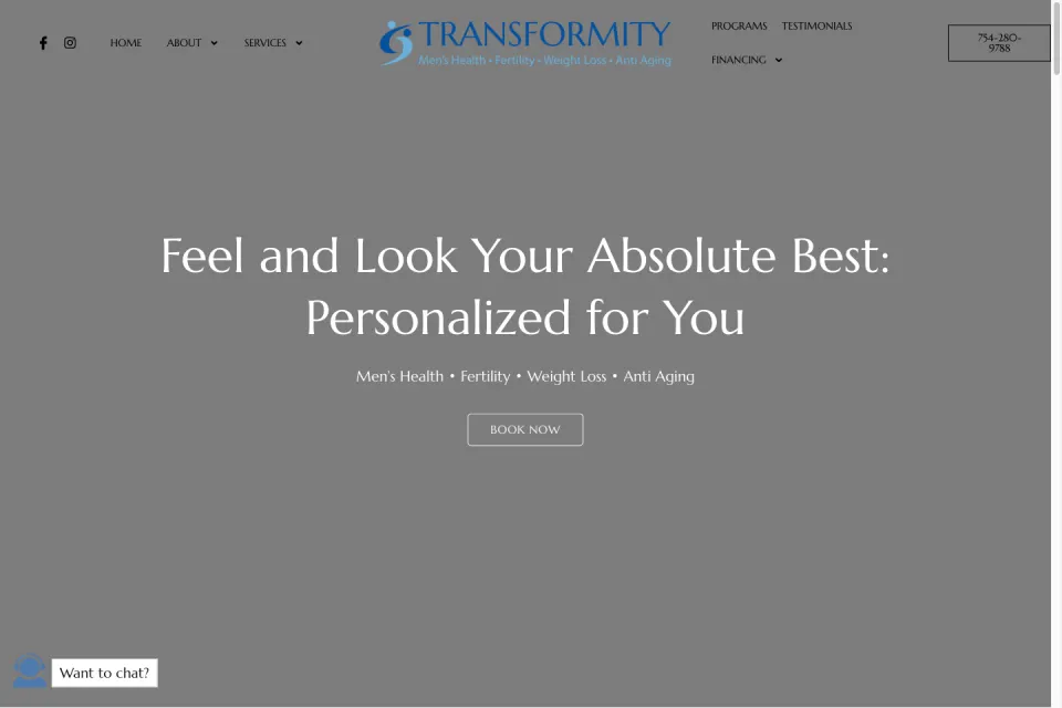 Transformity Health ওয়েবসাইটের হোম পেজের ছবি